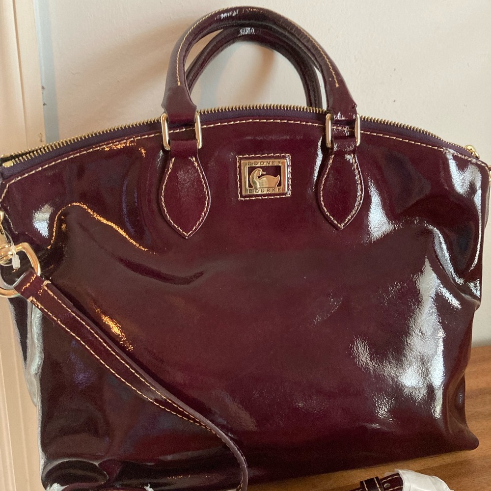 Dooney & Bourke domed satchel, genuine patent leather Plum, NWT